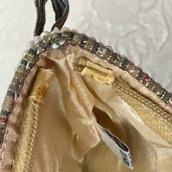 Handmade Beaded Hearts Striped Metallic Fabric Purse Pouch Bag 5.5"x3.75" - Picture 6 of 7